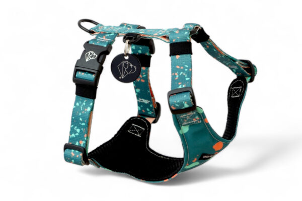 original print, pressure-free confetti dog harness