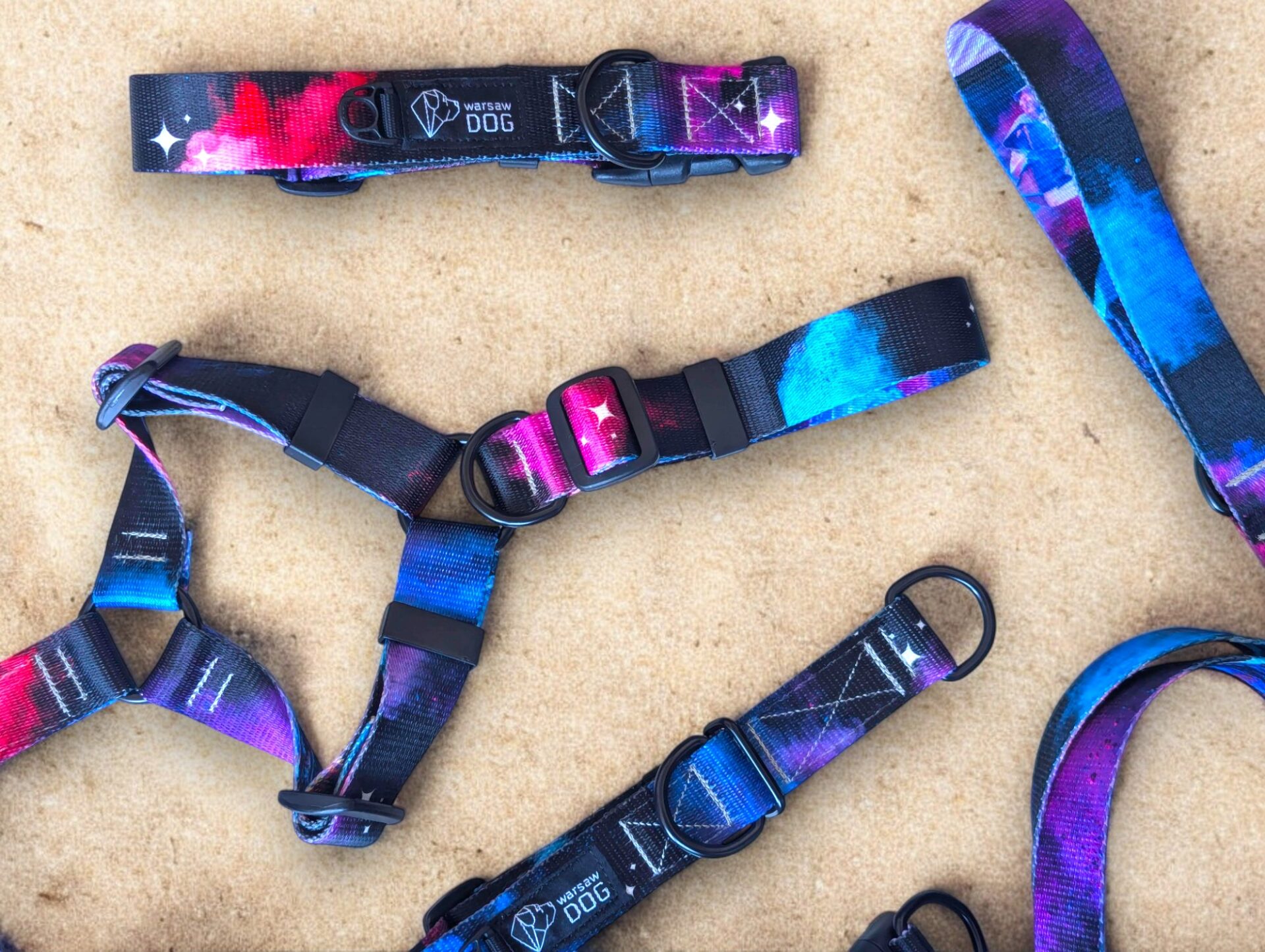 obroża i szelki dla psa na piasku kolorowy wzór holi puder komfortowe nowoczesne